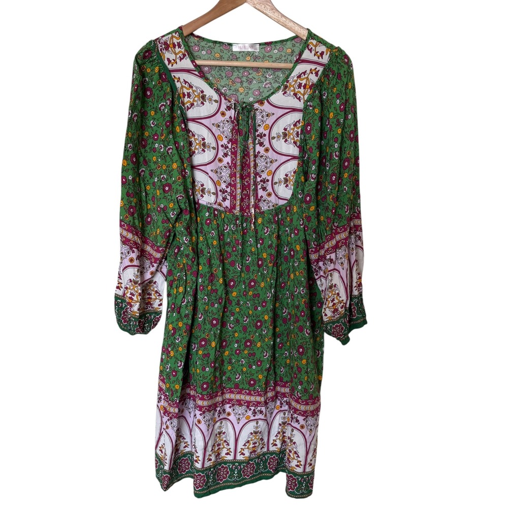 Bluetime‎ Tunic Dress Womens 2XL Green Floral Boho Long Sleeve Euc Condition